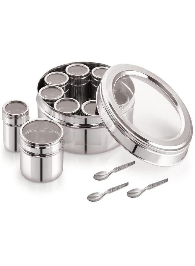 Eddika Stainless Steel Masala box for Kitchen | Spice Box | Masala Dabba with See Through Lid with 9 Containers and three Spoon | Silver (Large) | (Spice box 2.5 Ltr) - Image 3